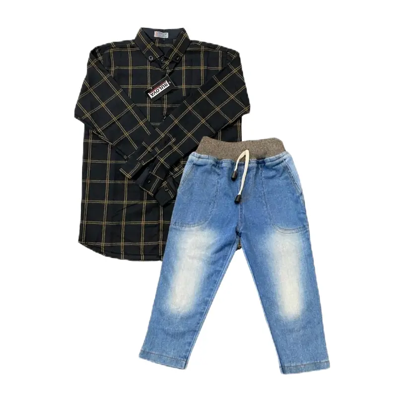 setelan anak kemeja katun flanel distro premium quality dan celana jeans biru muda usia 1-10 tahun 2