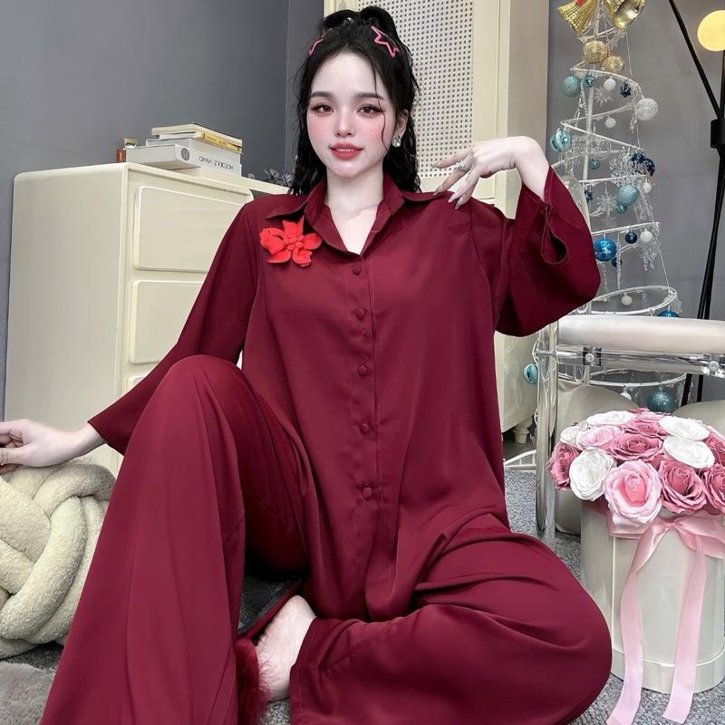  Đồ bộ pijama cổ sơmi lụa mango from XOÈ RỘNG tay lỡ đính hoa sang trong bigsize từ 60kg đến 90kg 