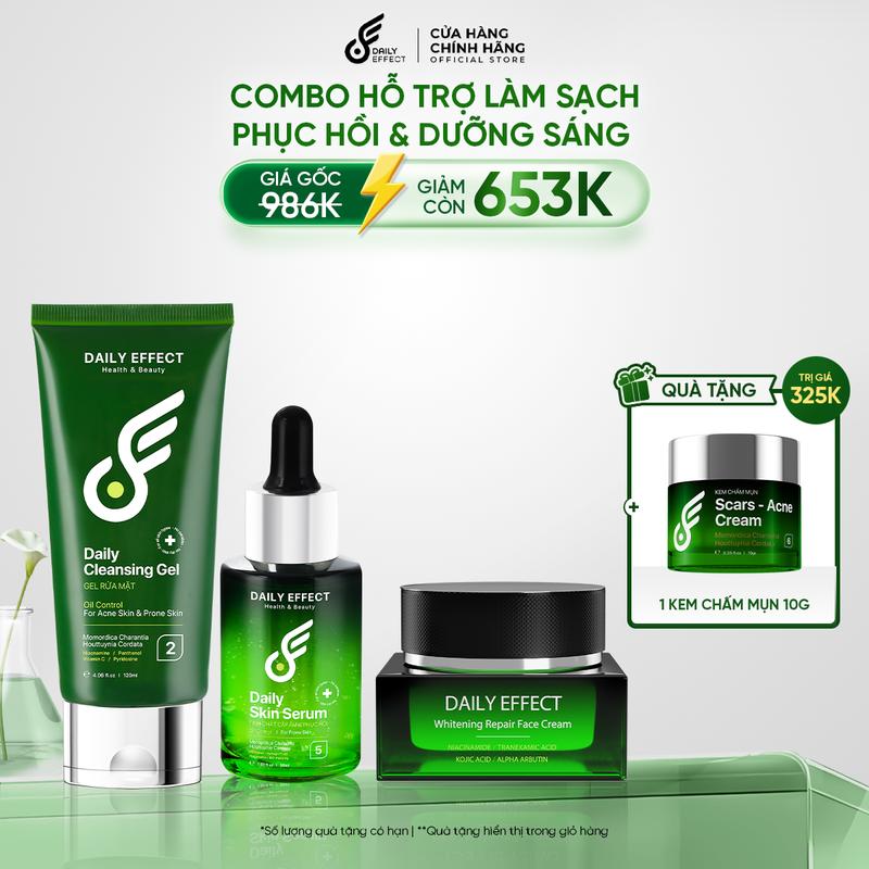  COMBO 3 SẢN PHẨM: SỮA RỬA MẶT + SERUM CẤP ẨM & LÀM DỊU DA + KEM DƯỠNG SÁNG DAILY EFFECT - Hỗ trợ làn da sáng khỏe 