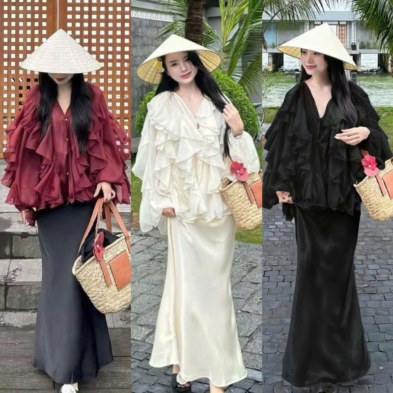 S936 (TÁO ĐỎ BIGSIZE 55-90KG) SET 3 MÓN THIẾT KẾ BIGSIZE ÁO BÈO REN + ÁO 2 DÂY + CHÂN VÁY LỤA DÁNG DÀI