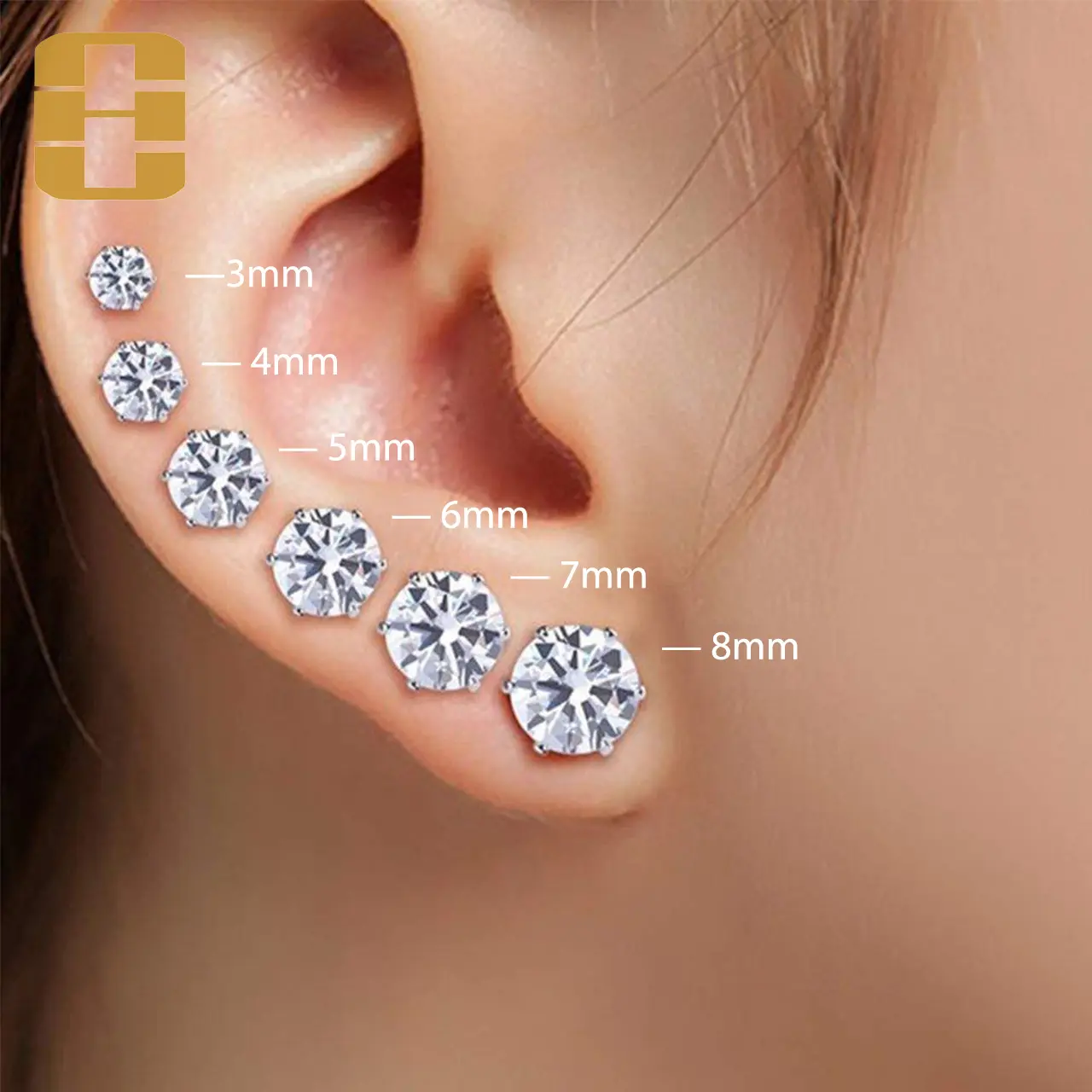 HUICUI Anting Stud Berlian Wanita Sederhana Titanium Warna Perak Fashion Unisex 3-8mm Anting Tusuk Jewelry Accesories R061-R066