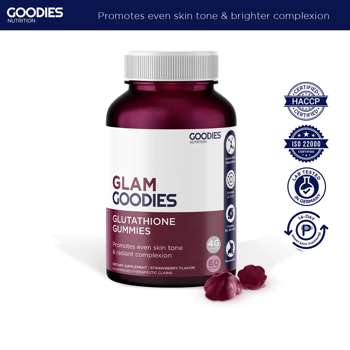 cellg8 glutathione GOODIES NUTRITION Glutathione Gummies – Glam Goodies – 1 bottle (60  Gummies) - Improve Skin Texture & Complexion