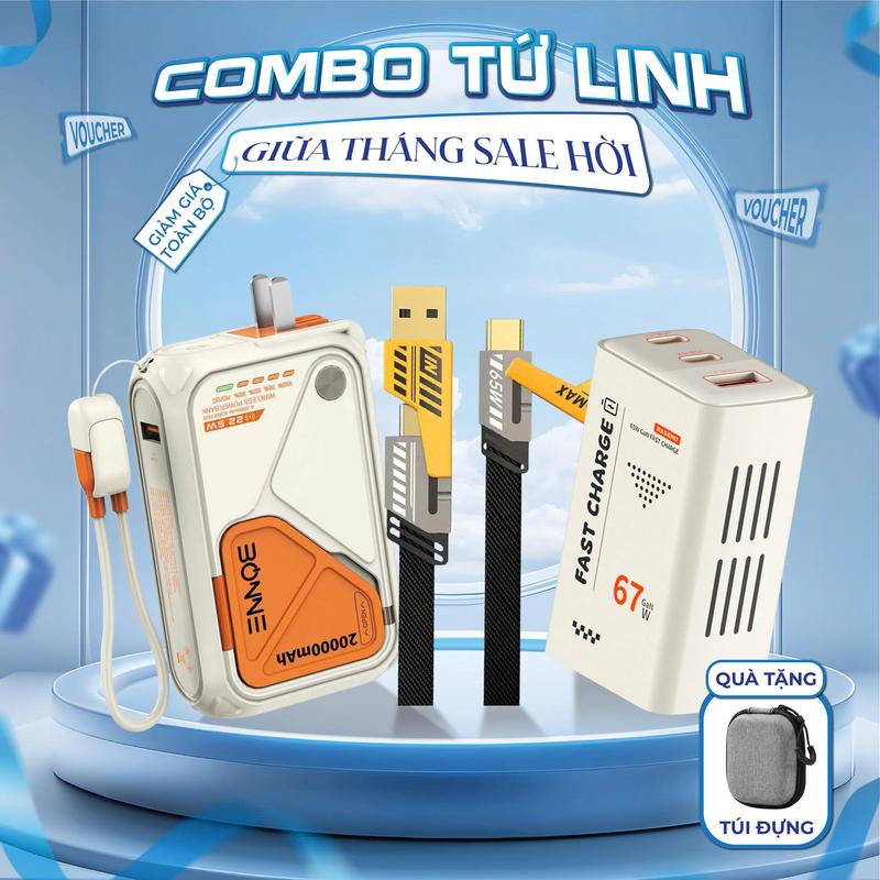 ( Tặng hộp đựng) Combo Sạc Tứ Linh Tối Thượng Bonne TECHNOLOGIQUE Bao Gồm Sạc dự phòng BP08, dây sạc nhanh 4 đầu BC24 và củ sạc nhanh BA24 -30W hoặc BA67 - 67W, bảo hành 12 tháng lỗi 1 đổi 1 by BONNE VIETNAM.[phụ kiện, [kem, usb], usb, kem]