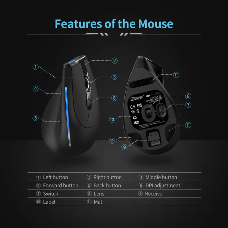 Zelotes F36A Ergonomic Wireless Vertical Gaming Mouse 2400 DPI 6 Buttons Ergonomis 1