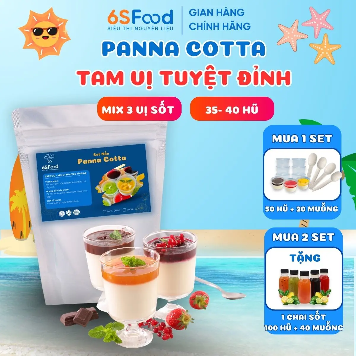 Set nguyên liệu Panna Cotta Tam Vị Tuyệt Đỉnh, thành phẩm 35-40 hũ 60ml mix 3 vị Dâu Tây, Chanh leo, Xoài - 6SFOOD panna  cotta panna  cotta