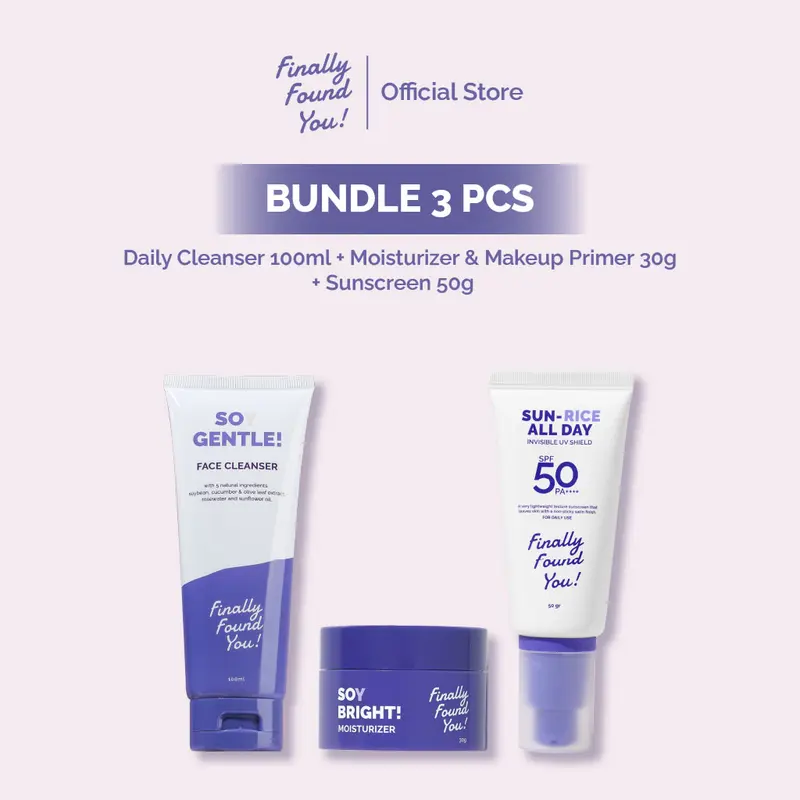 [LIVE RAMADHAN] Finally Found You! BUNDLE BASIC SKINCARE: Soy Gentle Face Cleanser + HYDRICEING & BRIGHTENING Essence Booster + Soy Bright Moisturizer & SUN-RICE ALL DAY Invisible UV Shield 1