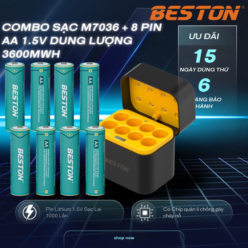 BESTON Combo Sạc M7036 & 8 Pin AA 1.5V Li-Ion 3600mAh Tiện Lợi Cho Micro Karaoke Máy Ảnh Đồ Chơi Pin LED Dung Lượng Cao 3600mWh Sạc 1000 Lần