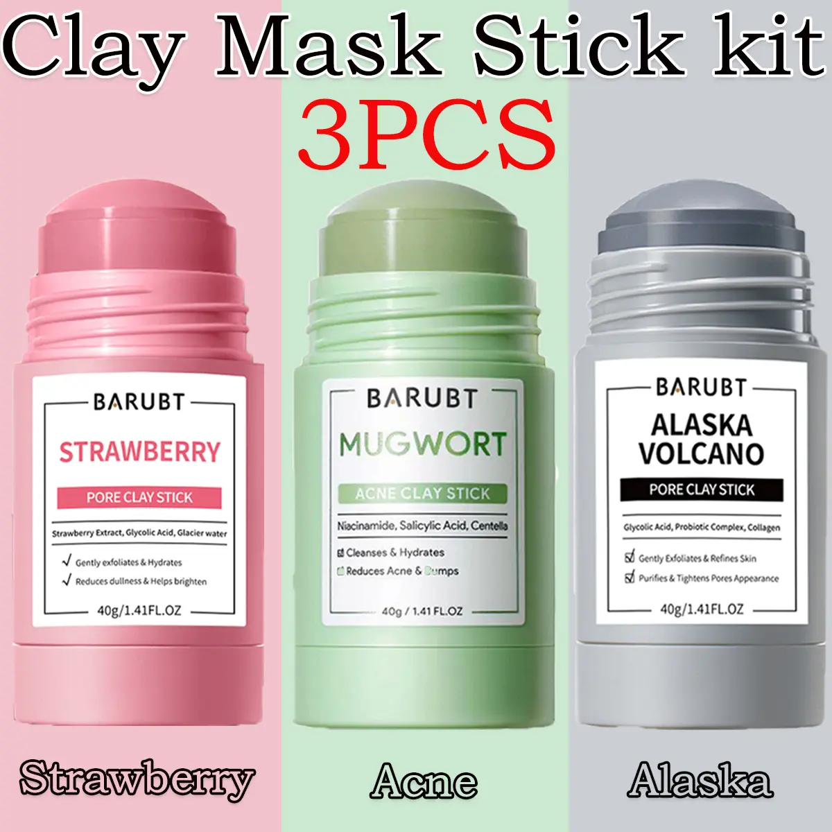 Bộ Dán Mặt Nạ Đất Sét, 3 Cái, Mặt Nạ Mụn Mugwort, Mặt Nạ Bùn Loại Bỏ Mụn Đầu Đen Núi Lửa Alaska, Dán Mặt Nạ Đất Sét Dâu Tây, Chăm Sóc Da Mặt, Kiểm Soát Dầu