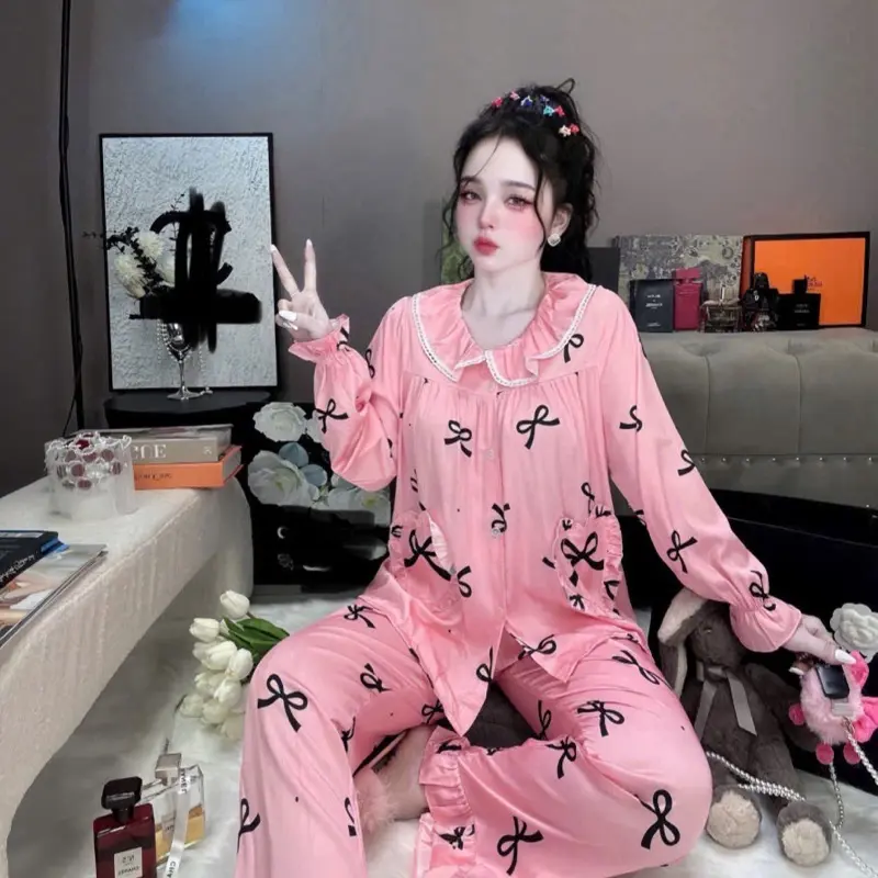 Đồ bộ pijama tay dài quần dài tiểu thư xinh xắn lụa mịn lụa latin tơ tằm 40 đến 58kg Nhung Voi Nho Women Nho Women