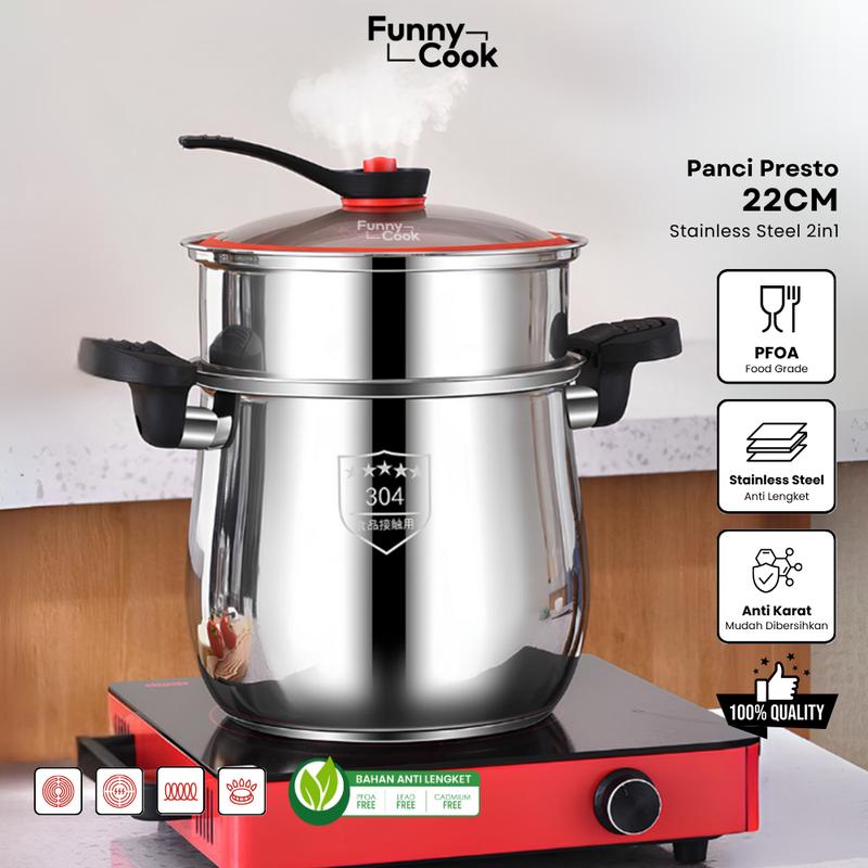Funnycook Panci Kukus Presti 22cm Stainless Steel SUS 304 Dengan