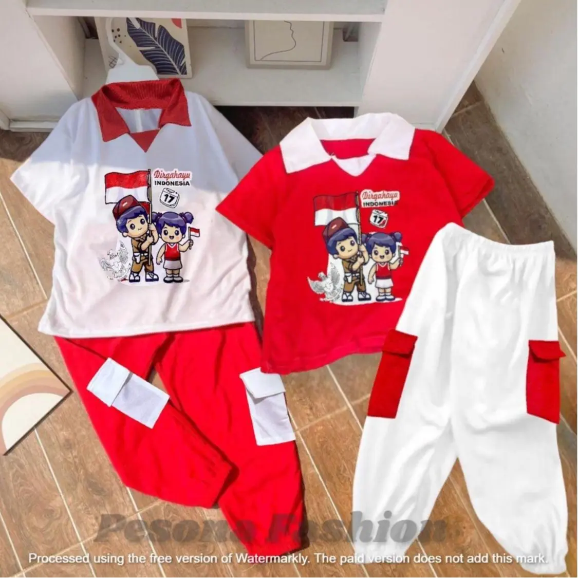 Fashion Setelan Cargo Anak Unisek Merah Putih, Usia 1-10 Tahun