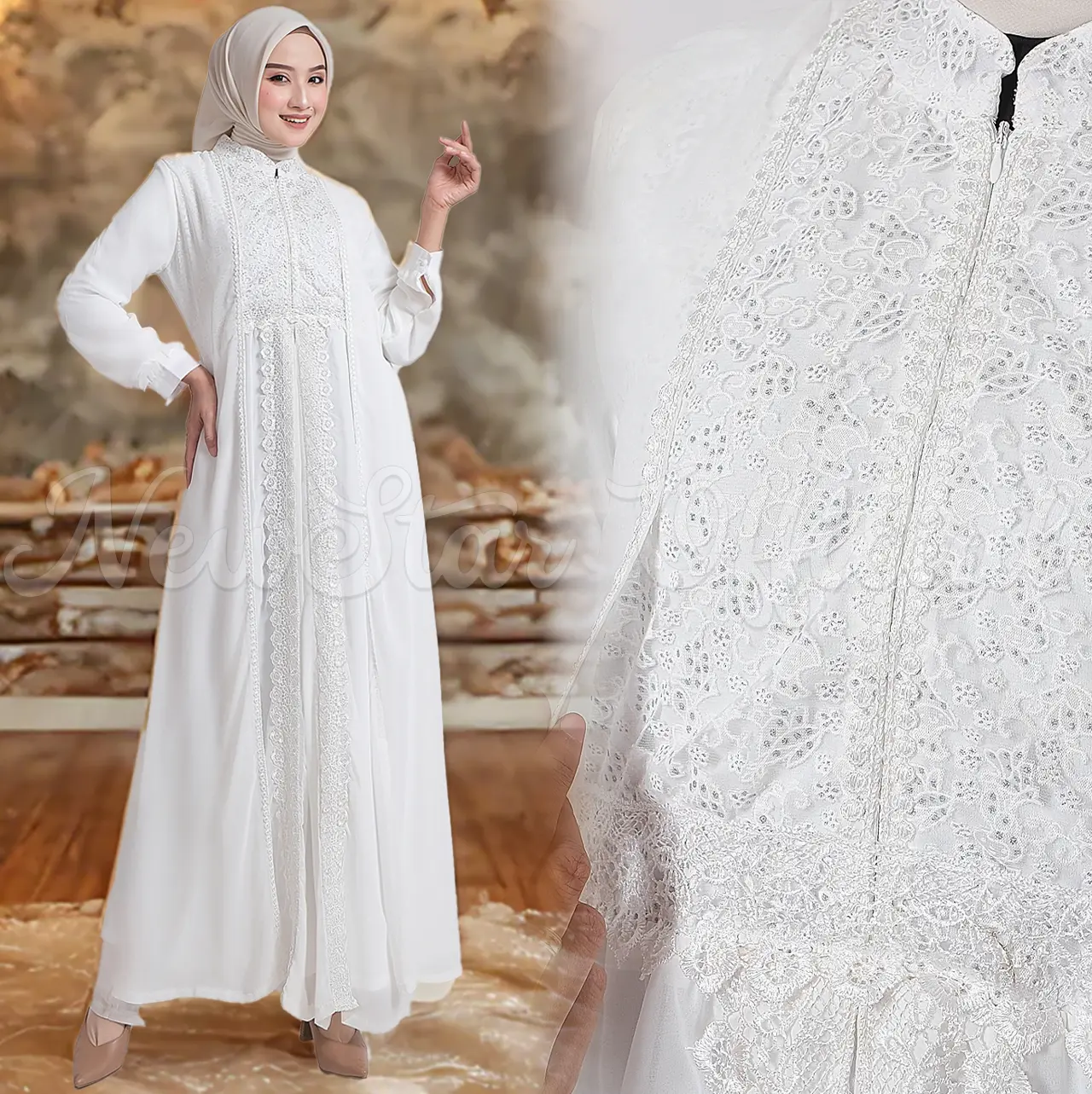 NewStar - Gamis Putih Premium Baju Lebaran 2025 Model Baru Elegan Abaya Turkey Muslim Wanita Mewah Terbaru B37