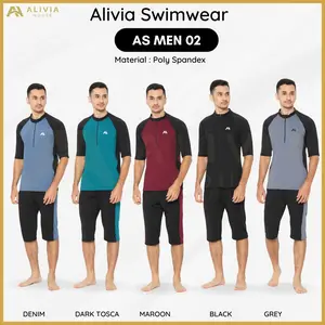 Alivia Swimwear AS Men 02 Baju Renang Pria Muslim Dewasa Bahan livina (nylon mix spandex) Elastis Ringan Cepat Kering dengan Zipper dan Sun Protection Warna Grey Black Denim Dark Tosca Maroon