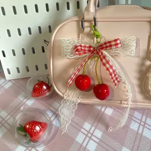 Bagcharm Cherry Lucu dengan Pita Kotak-kotak dan Renda Cocok untuk Aksesori Tas dan Keychain