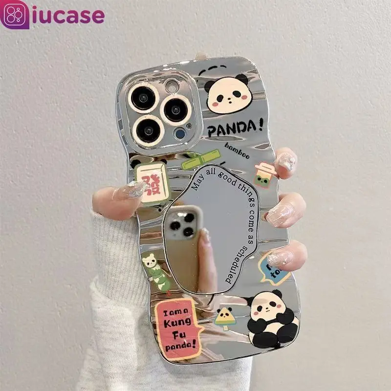 Casing Kucing Panda Cantik Lucu untuk OPPO A17 A54 A78 A16 A58 A15 A7 A16 A5s A12 A17K A54s A55 A76 A74 A3s A92 A1K A9 A5 A31 A95 A96 A52 Reno 5 6 7 8T 4F 7Z 8Z A35 A16s A12E A36 Mewah 3D Wavy Edge Make Up Mirror Case 1