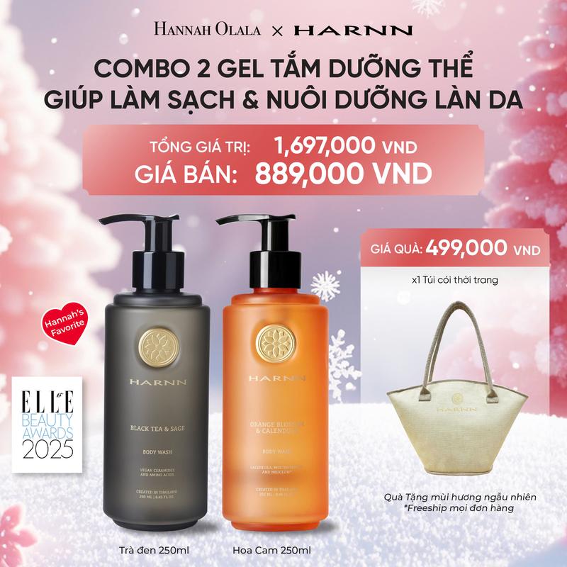HARNN X HANNAH - COMBO 2 GEL TẮM LÀM SẠCH VÀ BỔ SUNG DƯỠNG CHẤT CHO DA VỚI TINH DẦU TỰ NHIÊN 250MLX2 - TẶNG 01 TÚI CÓI THỜI TRANG
