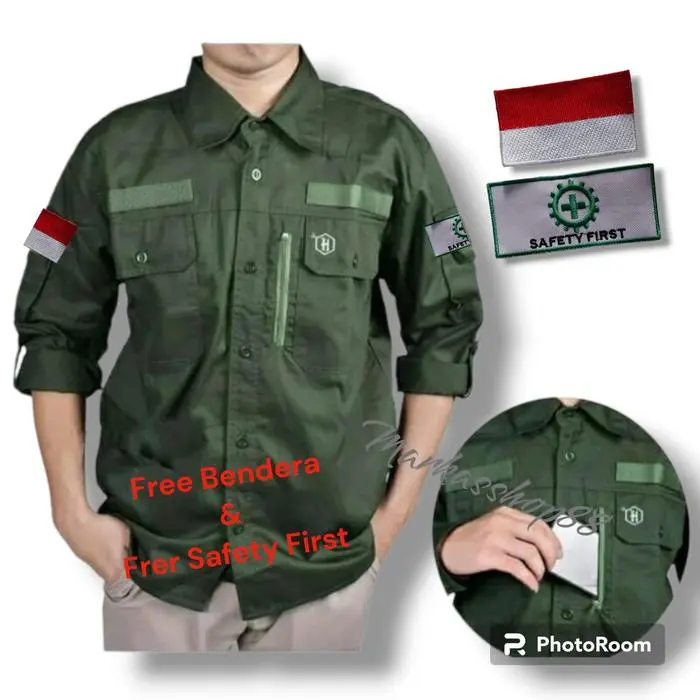 TERBAIK FREE BORDIR BENDERA DAN SAFETY FIRST setiap kemeja HEXAGON bordir PEREKAT di lengan kiri kanan, kemeja lengan panjang pria dan wanita, bahan RIPSTOP TR tebal kotak-kotak, warna putih, navy, krem, abu, hitam, hijau army