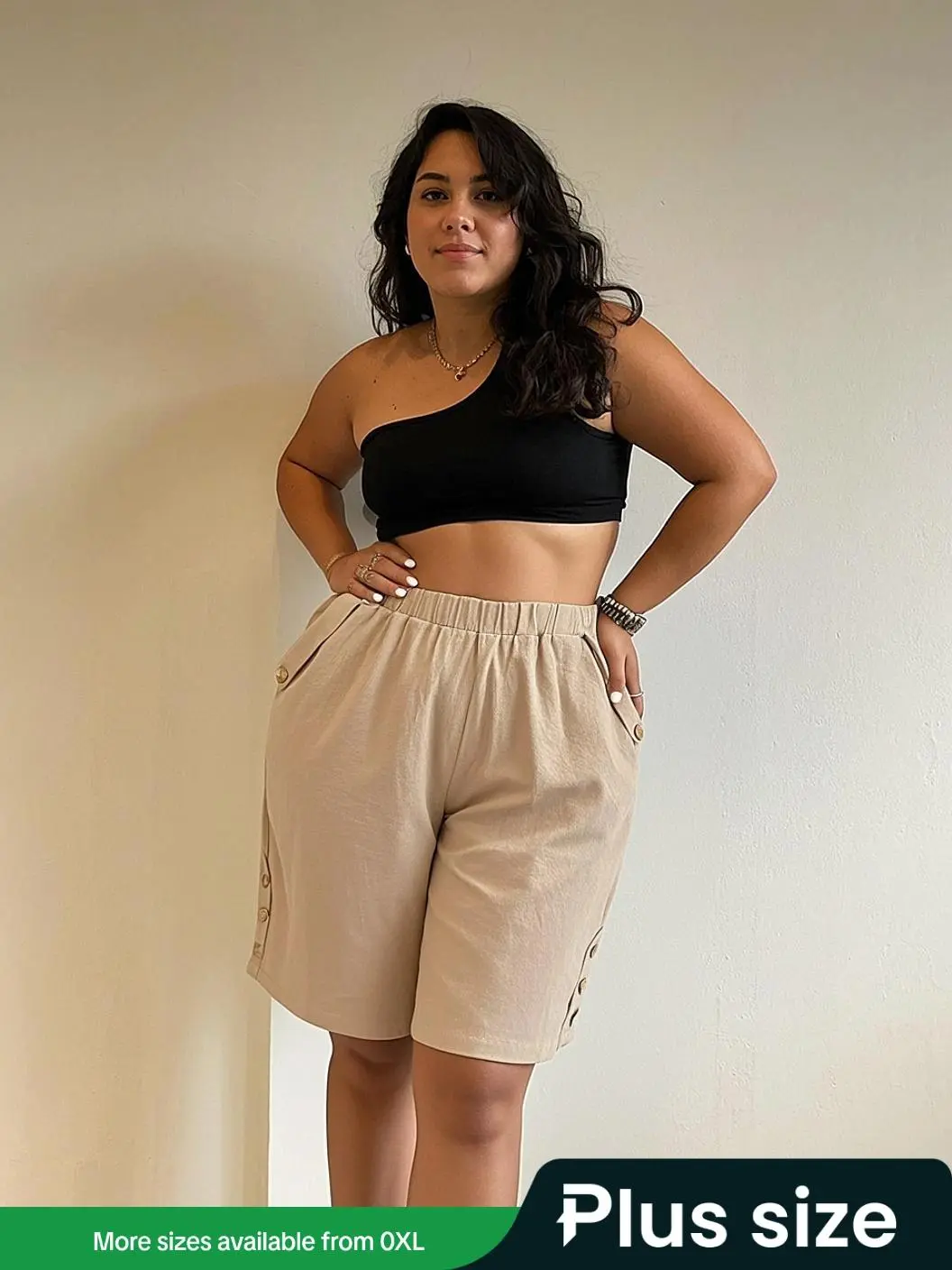 【Plus Size】 Solid Button Decor Straight Leg Shorts, Casual Comfy Pocket Design Shorts for Summer, Women's Bottoms for Daily Wear
