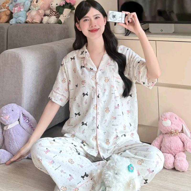 Đồ Bộ Đồ Ngủ Pyjama Nữ quần dài Nhiều Hình Cute Chất Vải Đũi Gân Mềm Nhẹ