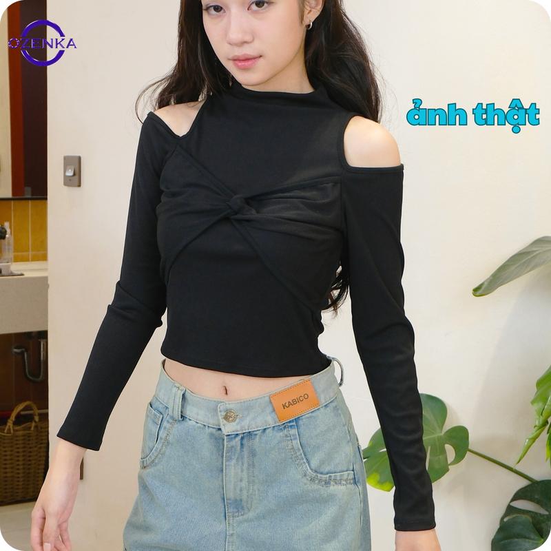  Áo thun nữ kiểu hở vai xoắn ngực tay dài cổ cao Ozenka – áo thu đông phong cách Hàn Quốc ôm body sang chảnh thanh lịch 
