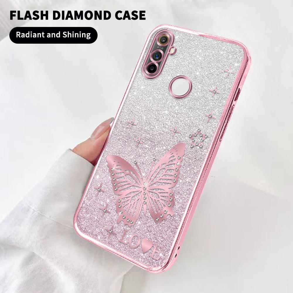 เคสโทรศัพท์, สำหรับ Realme C3 (3 กล้อง) / Narzo 10A / RMX2020, ลายผีเสื้อนุ่ม, พร้อมคริสตัลและกระดาษ