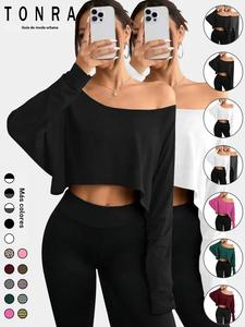 Conjunto de dos piezas con camiseta lisa y cuello asimétrico y pantalones para mujer, camiseta informal de manga larga para primavera y otoño, ropa de mujer para el día a día