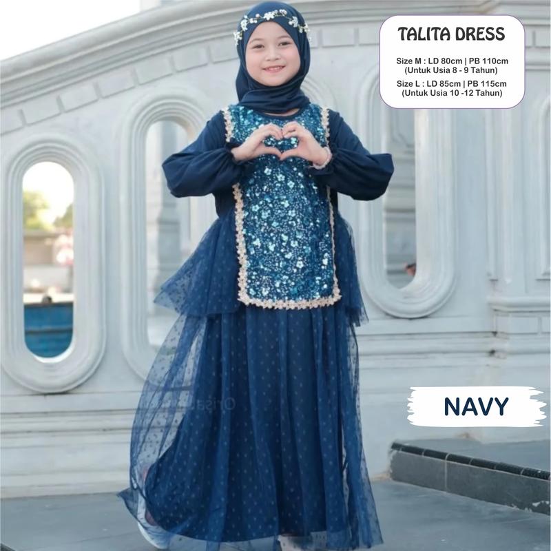 Talita Dress Baju Muslim Gamis Lebaran Anak 2025 untuk usia 8-12 tahun Syakila Mix Tile Dot Sequin Nyaman 2