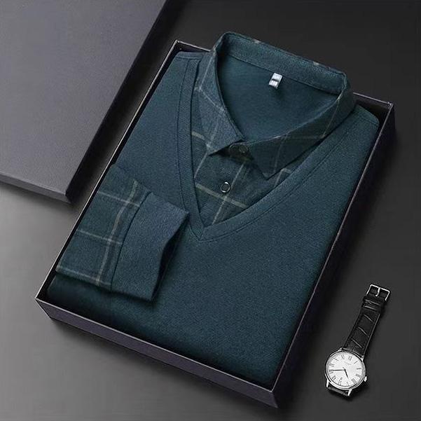 Product Introduction of Men's silk fabric fake two POLO loose grid solid color casual T-shirt with silk print top Menswear Lingerie 4