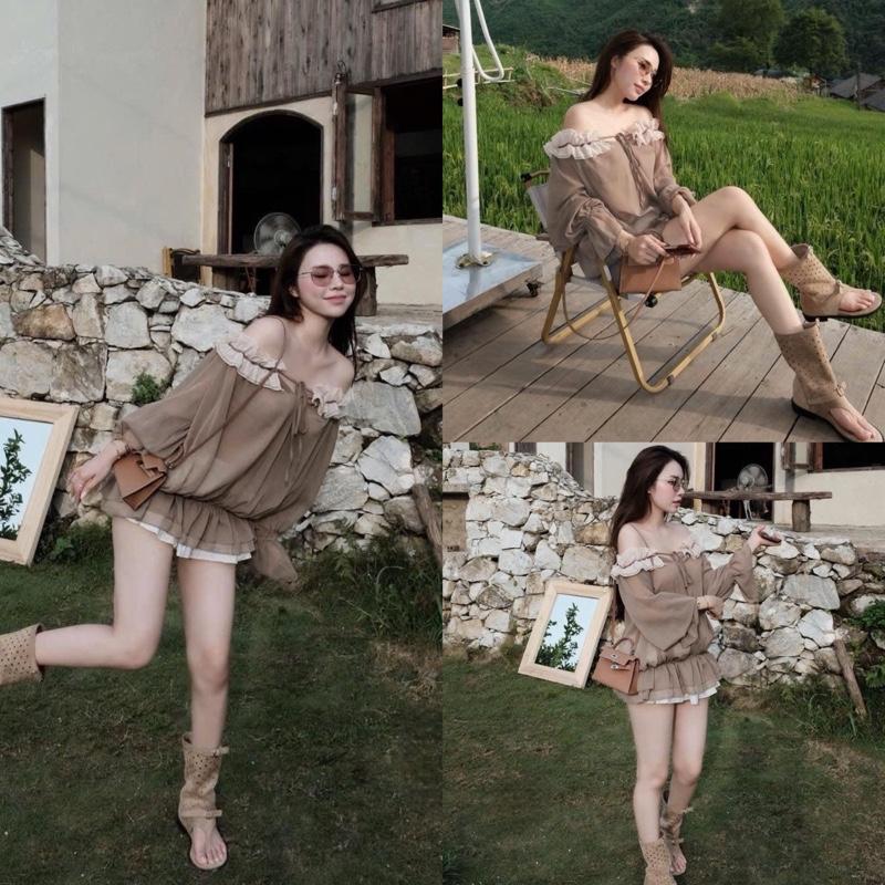 Set Áo Tơ Bèo Trễ Vai Mix Chân Váy Thô Mềm , Có Lót Trong /sb696