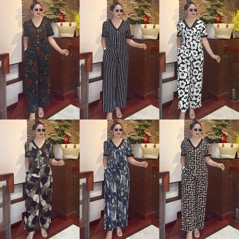 Set bộ HD169T vải lụa gồm áo và quần hoạ tiết sang trọng, đồ bộ người lớn tuổi 60 tuổi, đồ bộ big size