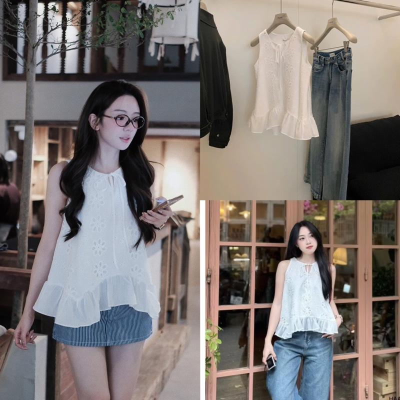 Áo Sơmi Sát Nách Cổ Tròn Cột Nơ Ren Xô Boi Thêu Hoa Phối Voan Bèo “Banet Top”siêu xinh