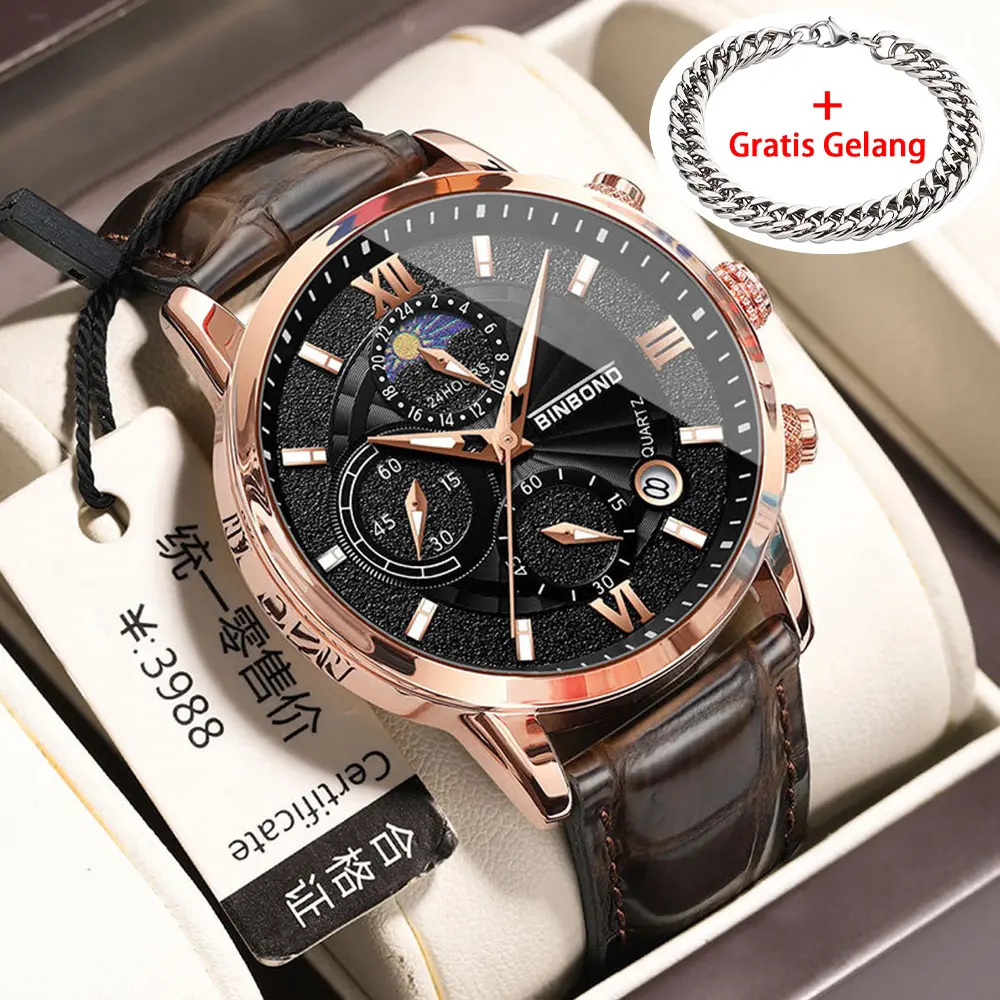 BINBOND Business Watch Men's Three-Hand Chronograph Moon Phase Display Waterproof Luminous Quartz Watch Stainless