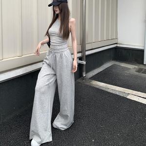 Baggy pants women Korean Drawstring Sports Pants Women's Versatile Casual Pants Straight Gray Wide Leg Trousers Womenswear Bottom Lingerie Basic Minimalist