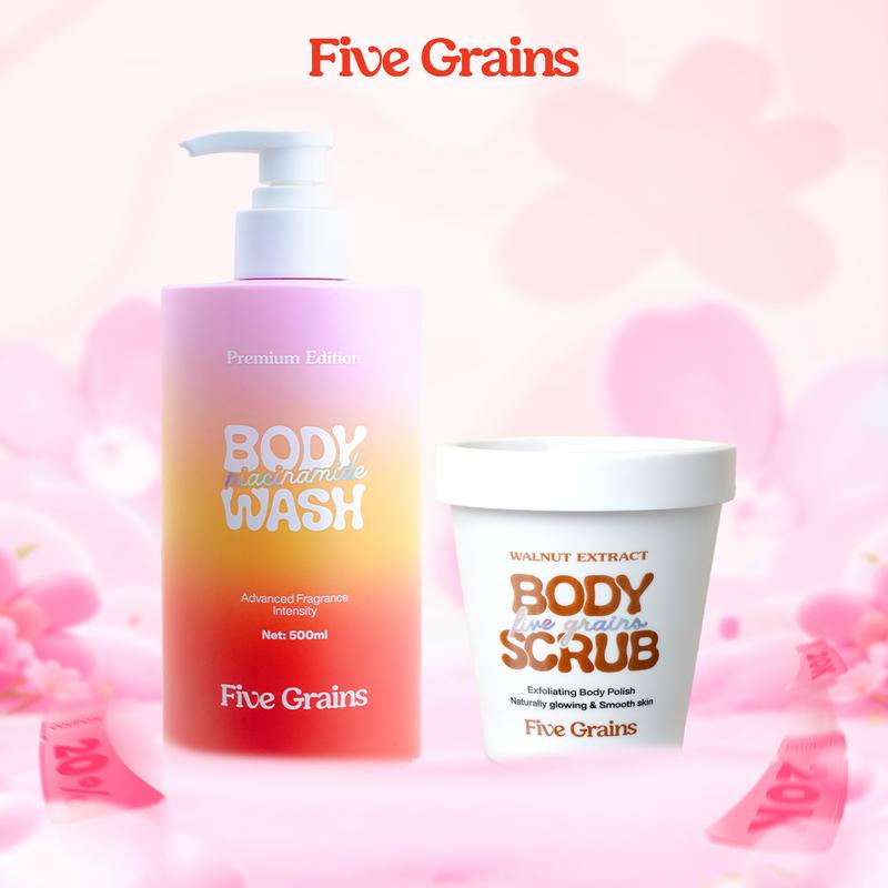 I Combo Five Grains Sữa tắm 500ml và Tẩy tế bào chết body Niacinamide 200g hỗ trợ dưỡng sáng da - A07