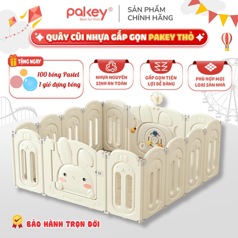 Quây Cũi Nhựa Gấp Gọn Pakey Thỏ Trắng Cao Cấp – Tặng 100 Bóng + 1 Giỏ Đựng Bóng, Quây Cũi Gấp Gọn Cho Bé, Quây Nhà Banh Đồ Chơi An Toàn Cho Bé