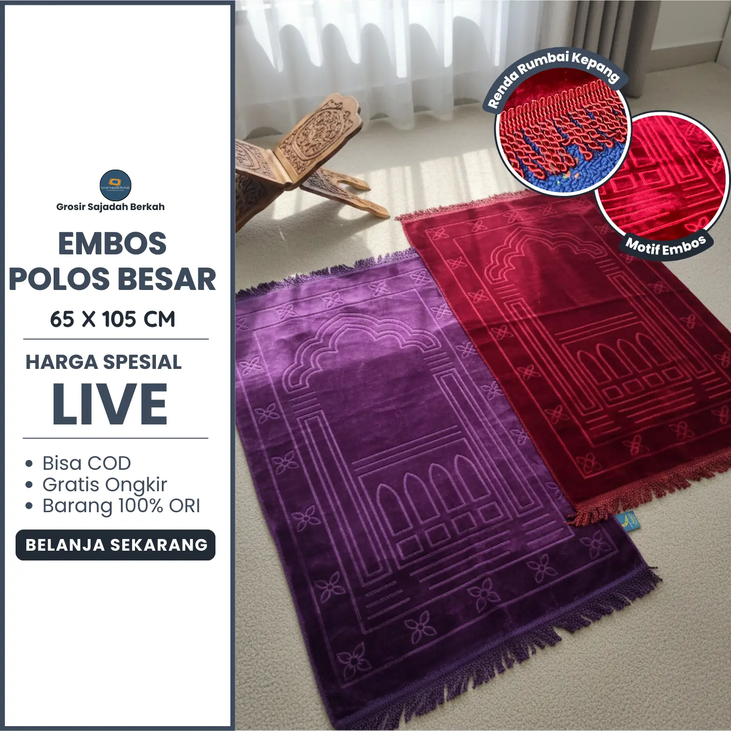 [COD] Sajadah Embos Polos Rumbai Bahan Beludru Premium Lembut Turkiye Muslim