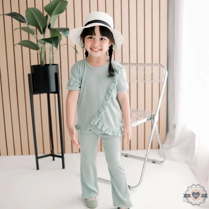 Baju Setelan Anak Perempuan MALIKA Ruffle Set Knit Tee Usia 1-6 Tahun Lucu Bahan Rib Knit Parsel Bayi