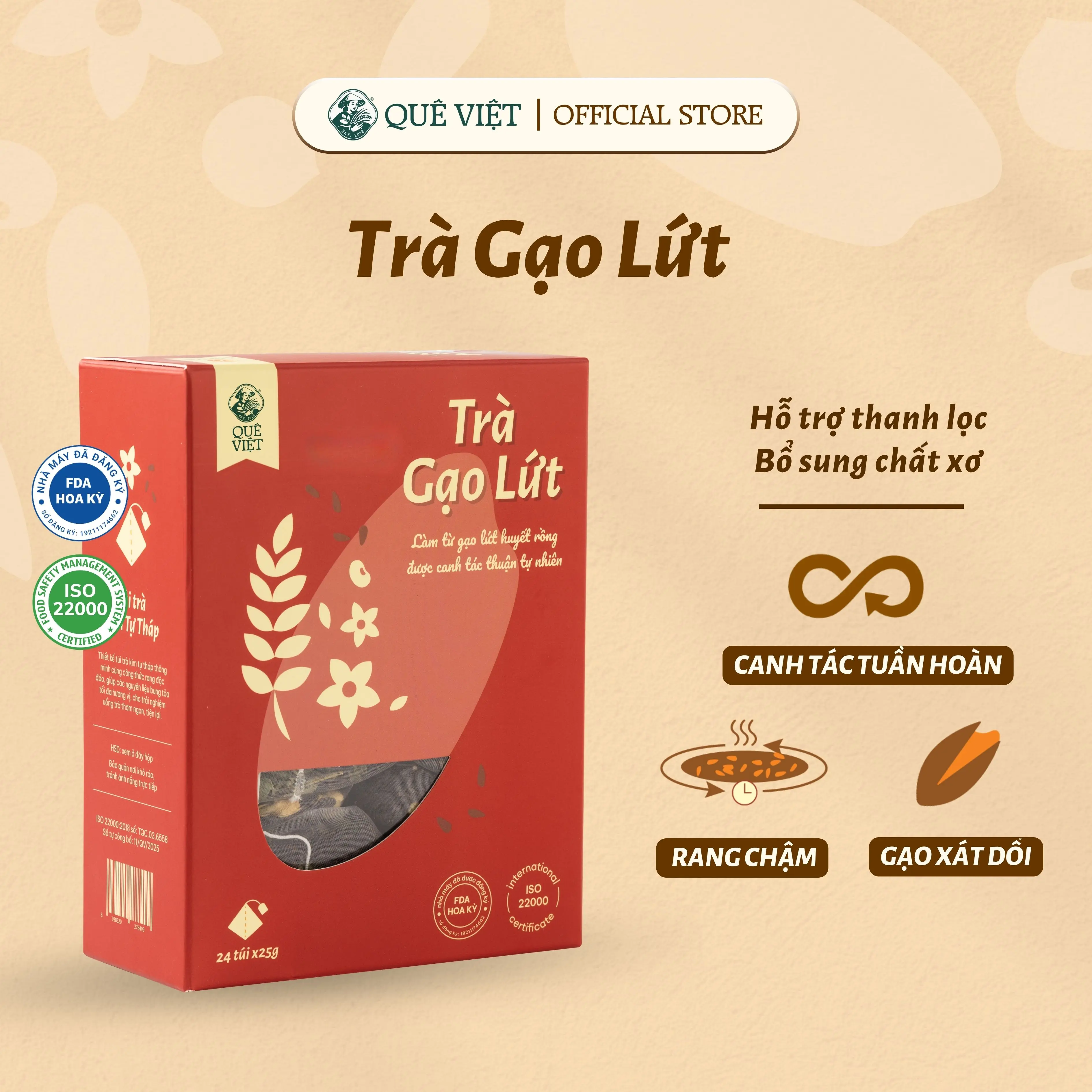 Trà gạo lứt Quê Việt thanh lọc gan, giải độc cơ thể nguyên liệu tự nhiên an toàn - Hộp [150g,450g]