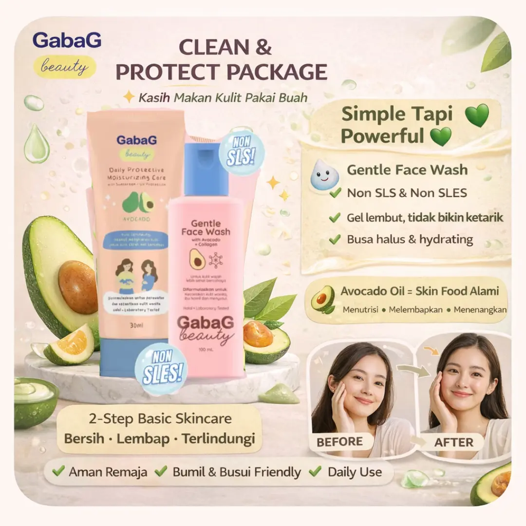 Gabag Beauty Clean & Protect Package - Gentle Face Wash Non SLS Non SLES + Daily Cream Skincare Aman Ibu Hamil dan Menyusui BPOM Halal Get Pouch Cantik
