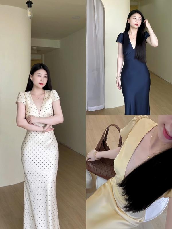 Đầm Lụa Chấm Bi - Đầm Lụa Trơn Có Tay Form Dài, Váy Lụa Hàn Châu 1 Lớp Không Mút, Không Dây Kéo