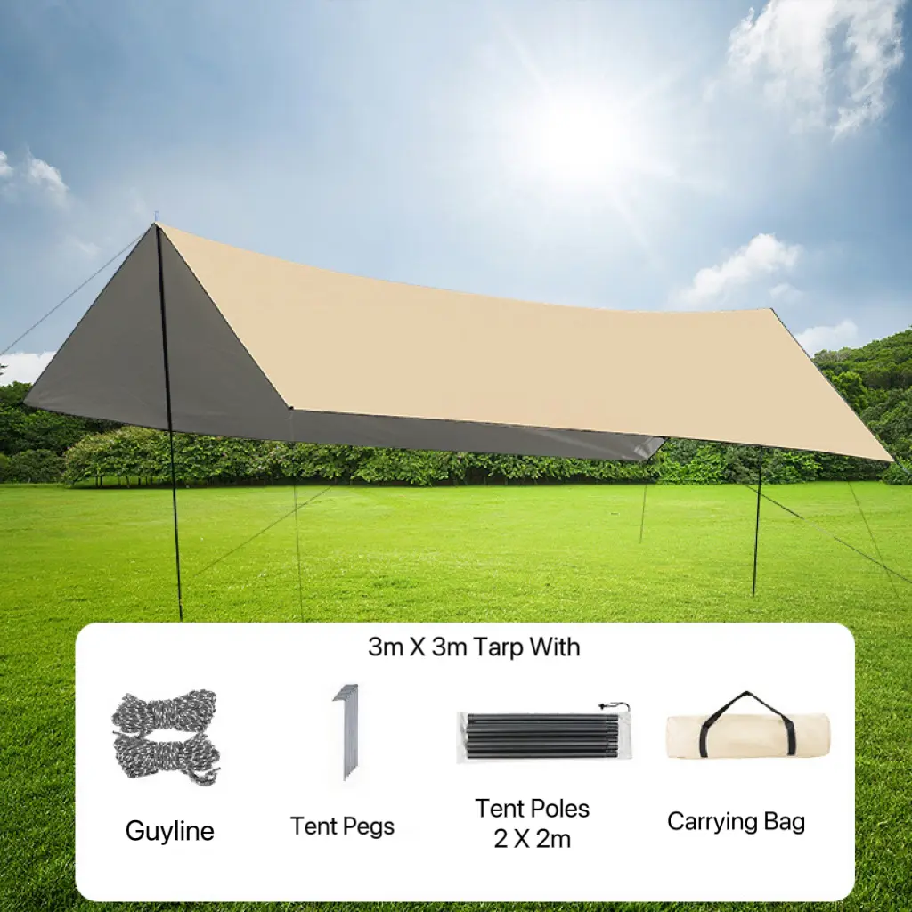 Tarp Tent & Poles Set (3 by 3m Tarp & 2x 2m Poles) Camping Tarp with Tent Poles