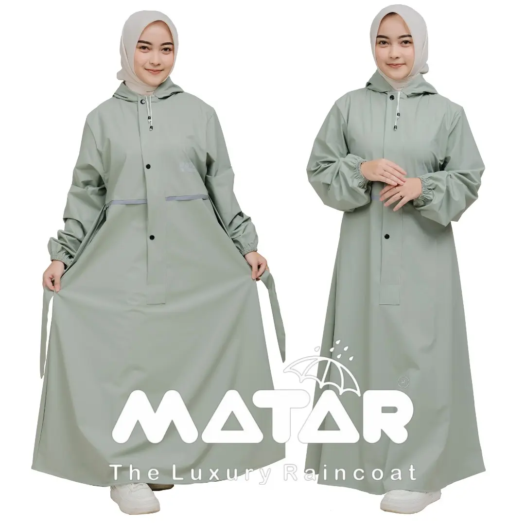 Jas hujan wanita gamis syar'i muslimah jumbo dewasa hijau sage tebal bahan pvc karet premium elastis tahan air Jas Hujan Syari