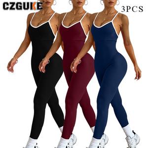 CZGUKE mono de yoga y fitness con tirantes cruzados al hombro, pantalón largo, diseño entallado tipo chandal, tejido elástico, sin costuras, de secado rápido, set de 3 pzas