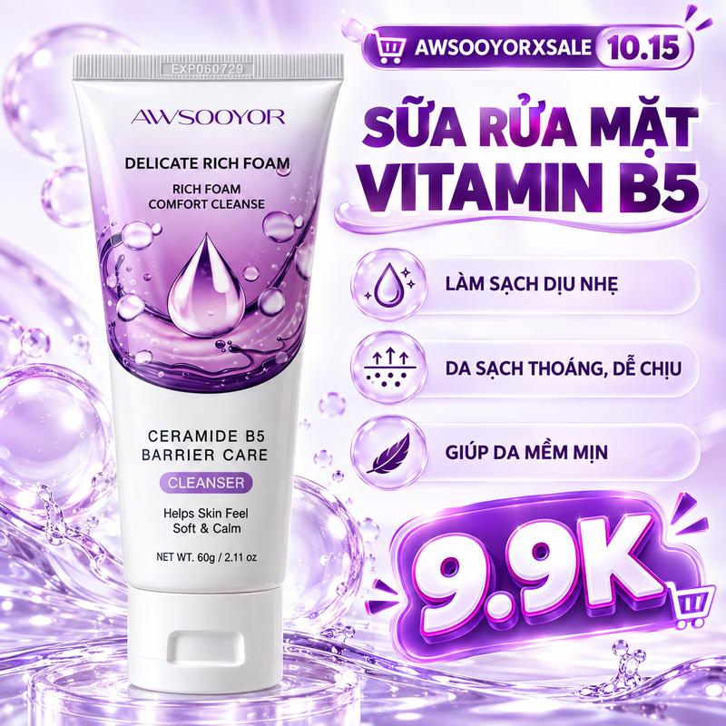 AWSOOYOR Sữa Rửa Mặt Vitamin B5 Panthenol Facial Cleanser Rich Foam 60g