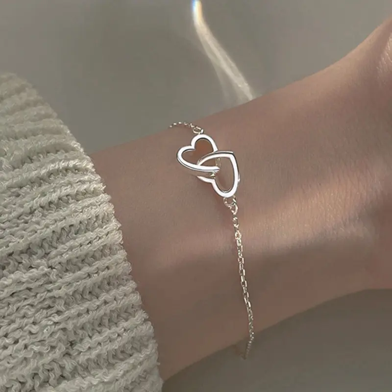 Vòng Tay Hợp Kim Kim Loại Cho Nữ, Trái Tim Đào, Trái Tim Đôi, Lồng Vào Nhau, Trái Tim Nhỏ, YK Phụ Kiện Móc Khoá 0