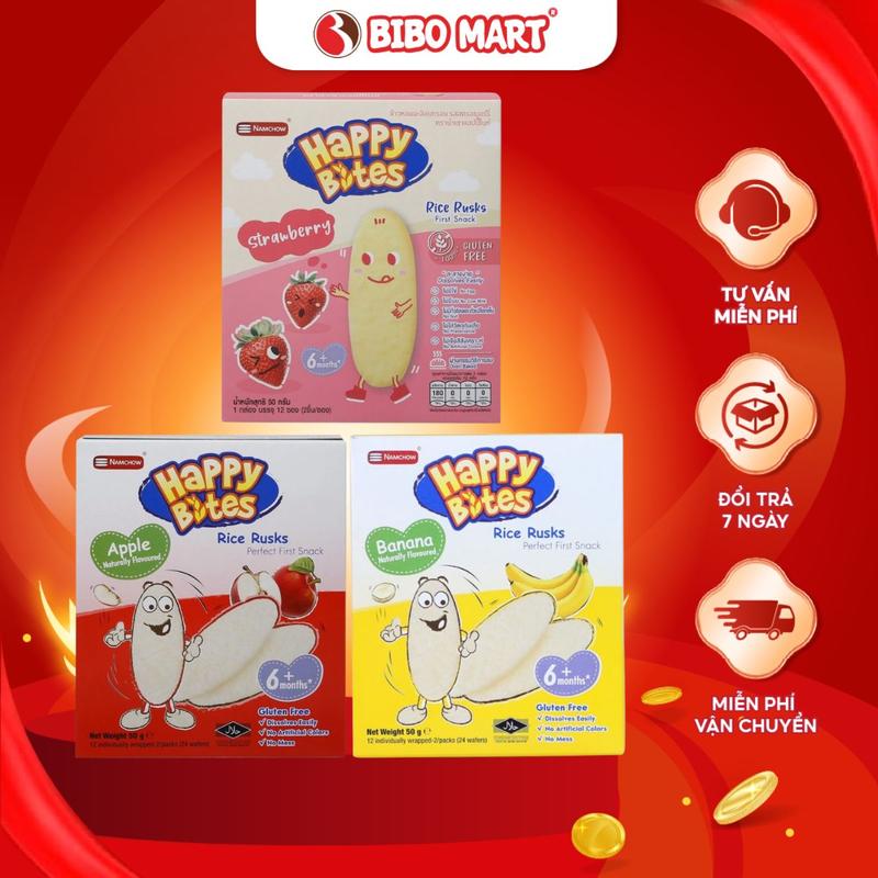  Bánh gạo ăn dặm Happy Bites vị dâu tây 50g cho bé trên 6m bánh giúp bé làm quen với thức ăn rắn - Bibomart 