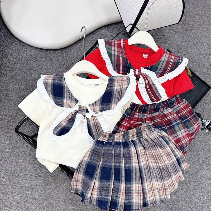 Bộ Áo + Chân Váy...( 10 -31kg ) áo hình 2 tai thỏ kẻ nâu và xanh cho be GÁI.... 4