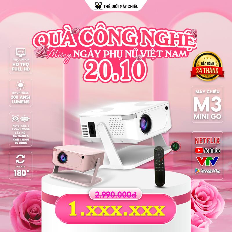 MiniGo Máy Chiếu M3 MiniGo - THẾ GIỚI MÁY CHIẾU - Độ phân giải Full HD 1080P, Độ sáng 200 ANSI lumens, Tương phản 10000:1, Hệ điều hành Android 12, Tích hợp chuột bay, Bảo hành 12 tháng