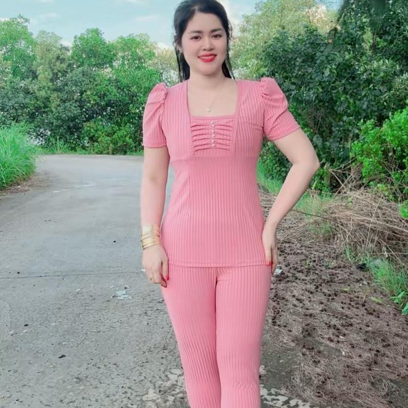 Đồ bộ thun tăm đũa cổ vuông phối nơ xinh quần dài ống ôm size 2345 từ 45-75kg vừa