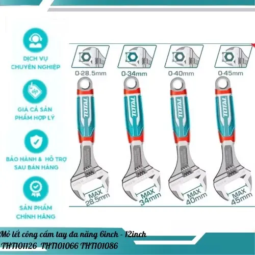 Mỏ lết Total   - Chất liệu thép CR-V, tay cầm phủ lớp cao su chắc chắn 0